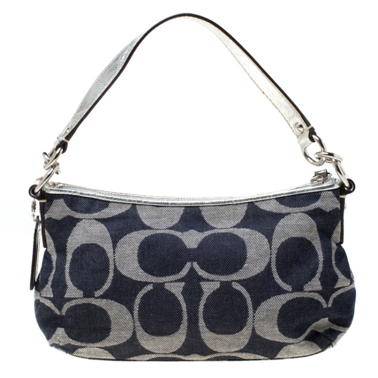 Pre Owned Coach Blue/Grey Signature Stripe Canvas Shoulder Bag