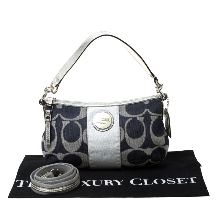 Pre Owned Coach Blue/Grey Signature Stripe Canvas Shoulder Bag