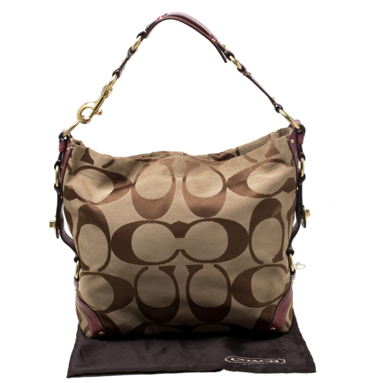 Pre Owned Coach Beige/Burgundy Signature Canvas and Leather Carly Hobo