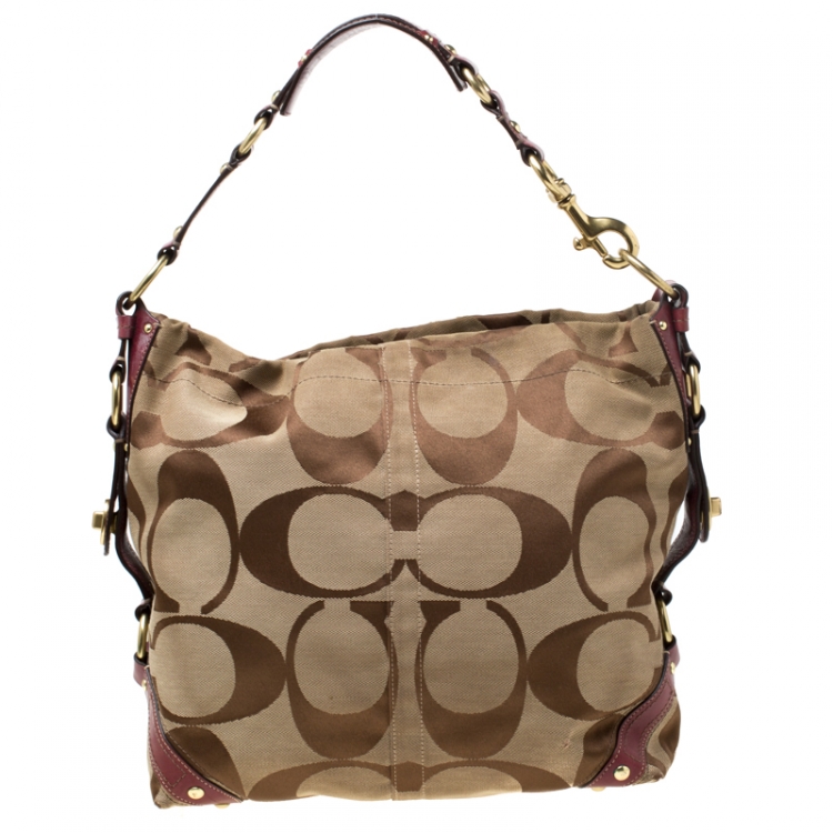 Pre Owned Coach Beige/Burgundy Signature Canvas and Leather Carly Hobo