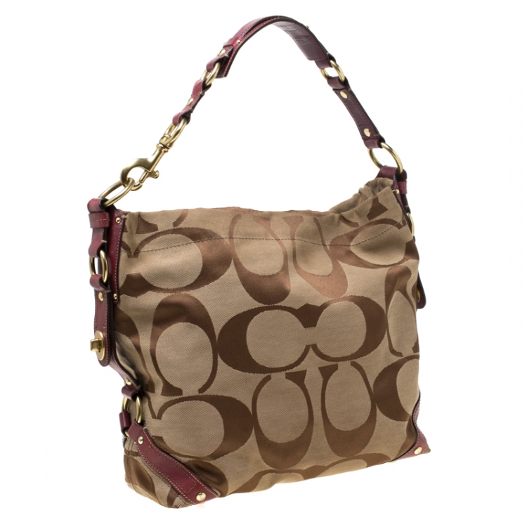 Pre Owned Coach Beige/Burgundy Signature Canvas and Leather Carly Hobo