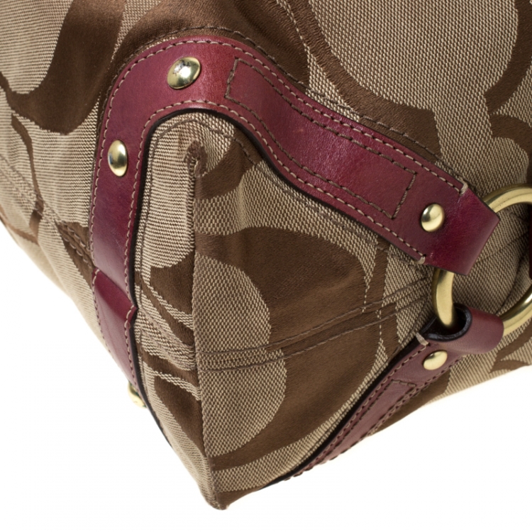 Pre Owned Coach Beige/Burgundy Signature Canvas and Leather Carly Hobo