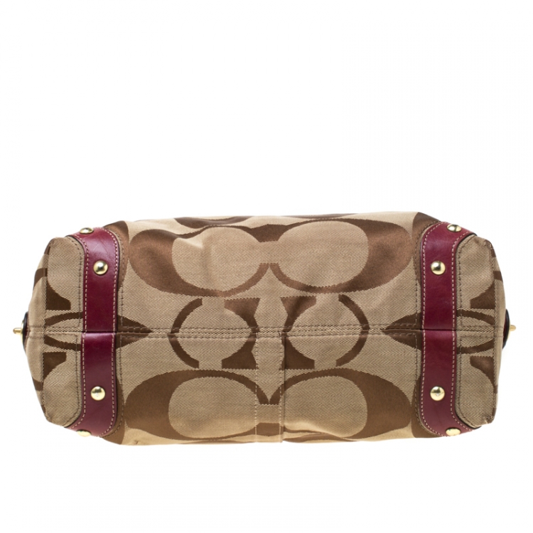 Pre Owned Coach Beige/Burgundy Signature Canvas and Leather Carly Hobo