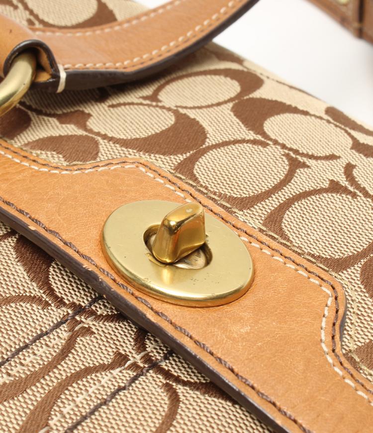 Pre Owned Coach Brown Signature Canvas And Leather Double Buckle Shoulder Bag