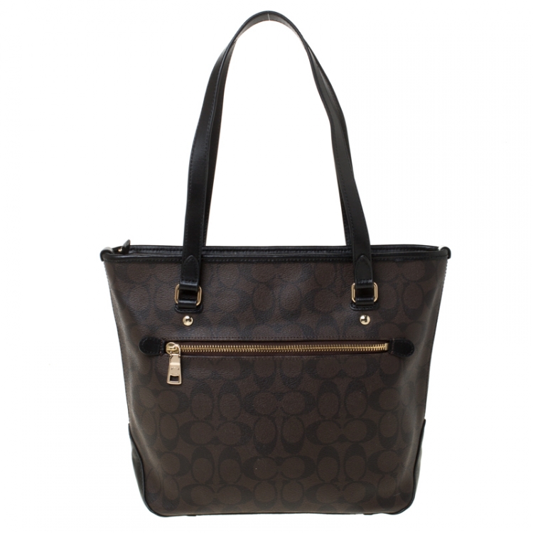 Pre Owned Coach Brown/Black Signature Coated Canvas and Leather Tote