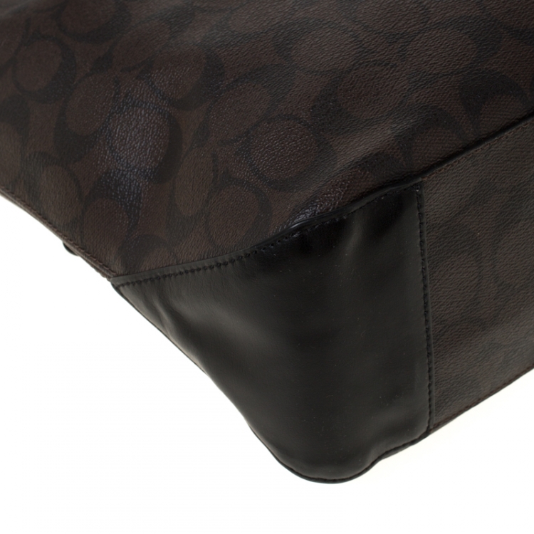 Pre Owned Coach Brown/Black Signature Coated Canvas and Leather Tote