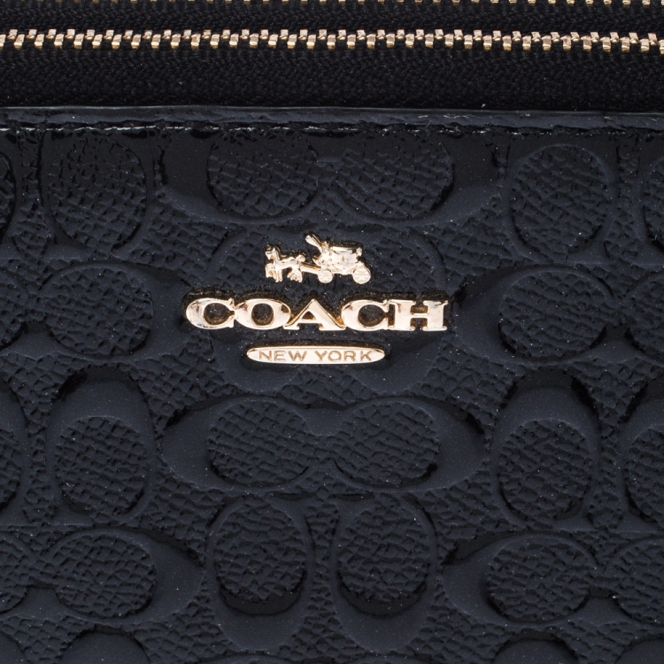 Pre Owned Coach Black Signature Patent Leather Accordion Zip Around Wallet