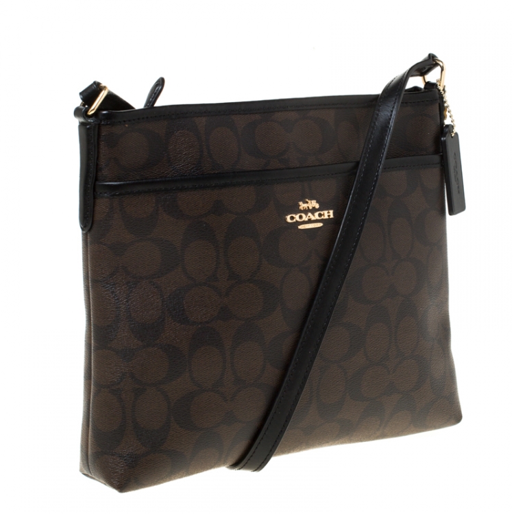 Pre Owned Coach Brown/Black Signature Coated Canvas File Crossbody Bag
