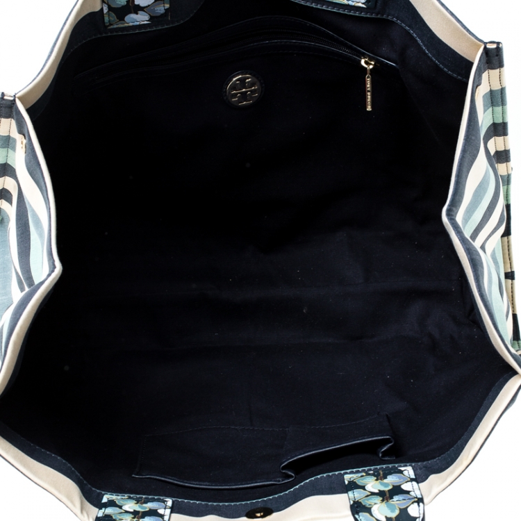 Pre Owned Tory Burch Harbor Stripe Canvas and Leather Ella Tote