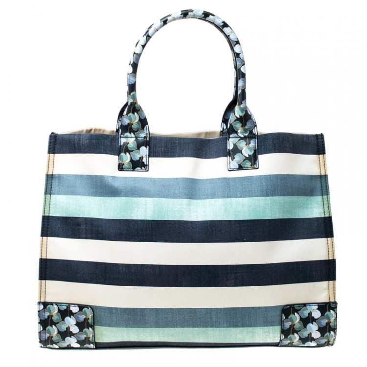 Pre Owned Tory Burch Harbor Stripe Canvas and Leather Ella Tote