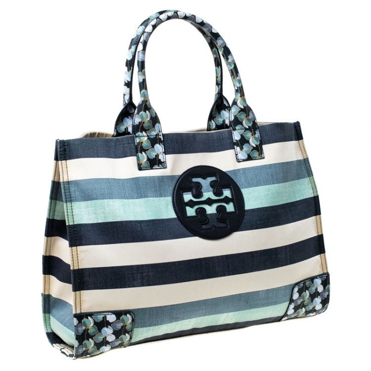 Pre Owned Tory Burch Harbor Stripe Canvas and Leather Ella Tote