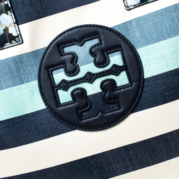 Pre Owned Tory Burch Harbor Stripe Canvas and Leather Ella Tote