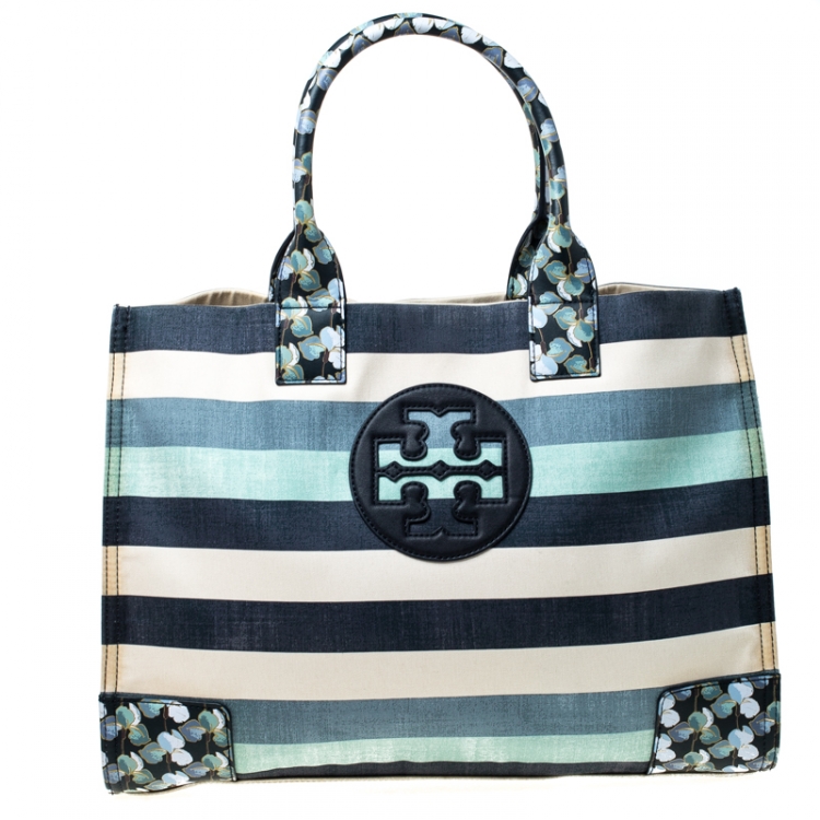 Pre Owned Tory Burch Harbor Stripe Canvas and Leather Ella Tote