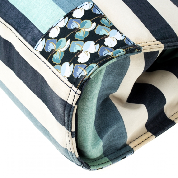 Pre Owned Tory Burch Harbor Stripe Canvas and Leather Ella Tote