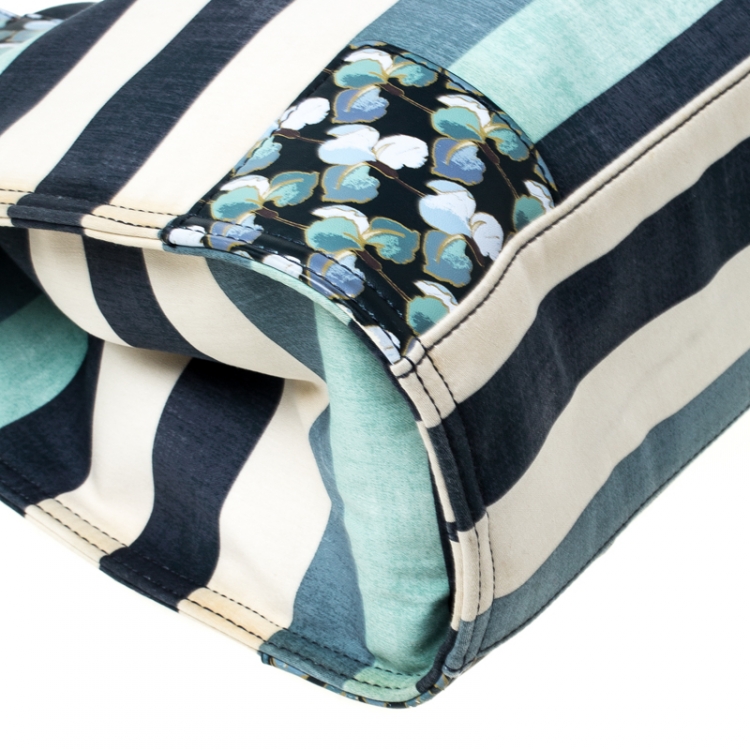 Pre Owned Tory Burch Harbor Stripe Canvas and Leather Ella Tote