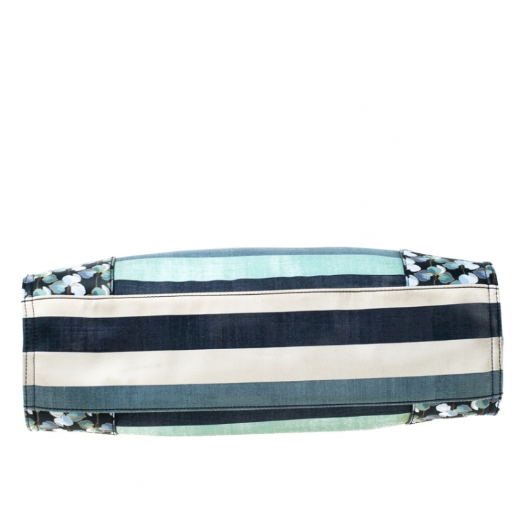 Pre Owned Tory Burch Harbor Stripe Canvas and Leather Ella Tote