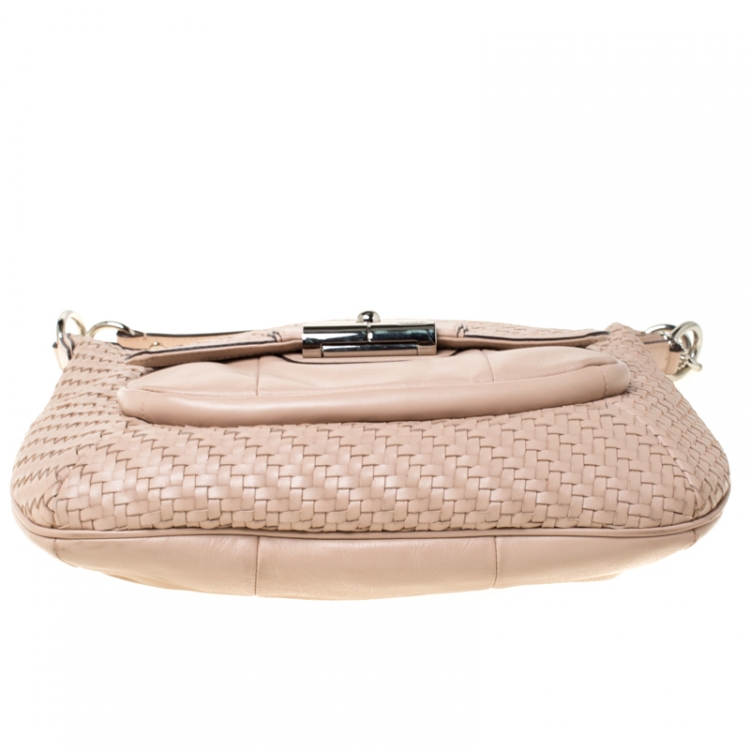 Pre Owned Coach Blush Pink Woven Leather Kristin Hobo