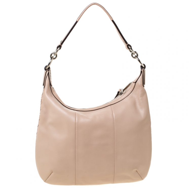 Pre Owned Coach Blush Pink Woven Leather Kristin Hobo