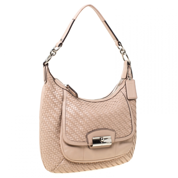 Pre Owned Coach Blush Pink Woven Leather Kristin Hobo