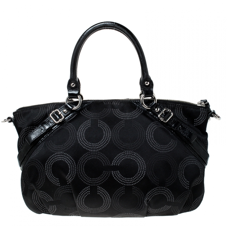 Pre Owned Coach Black Fabric and Leather Op Art Sophia Satchel
