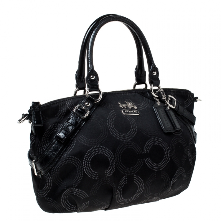 Pre Owned Coach Black Fabric and Leather Op Art Sophia Satchel
