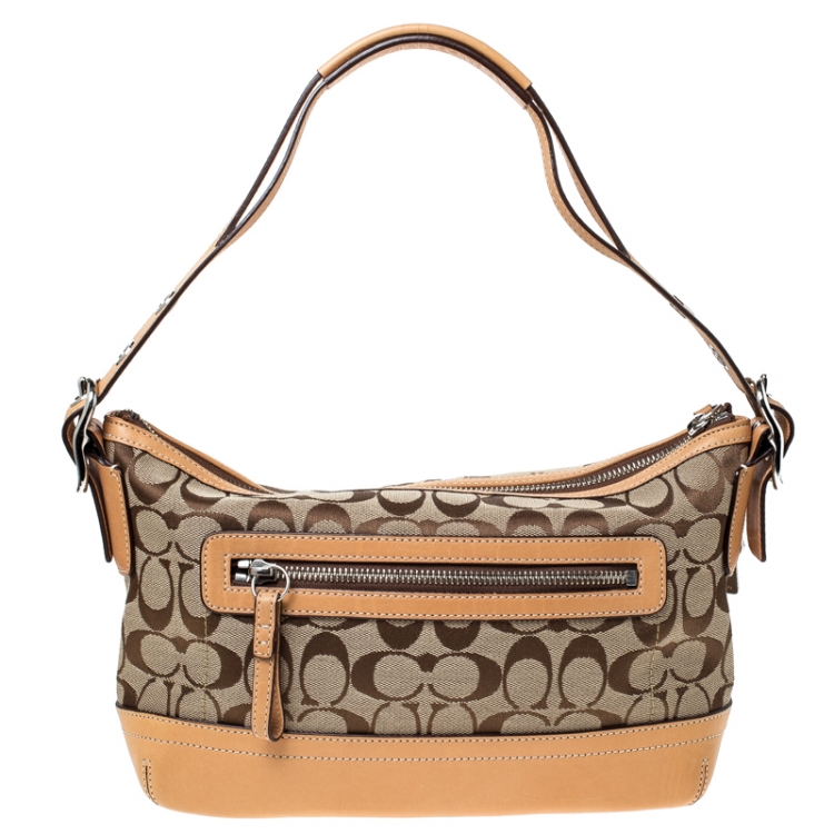 Pre Owned Coach Tan/Beige Signature Coated Canvas and Leather Tassel Shoulder Bag