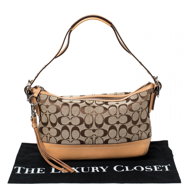 Pre Owned Coach Tan/Beige Signature Coated Canvas and Leather Tassel Shoulder Bag