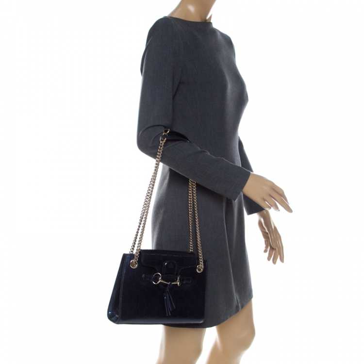 Pre Owned Gucci Blue Guccissima Patent Leather Small Emily Chain Shoulder Bag