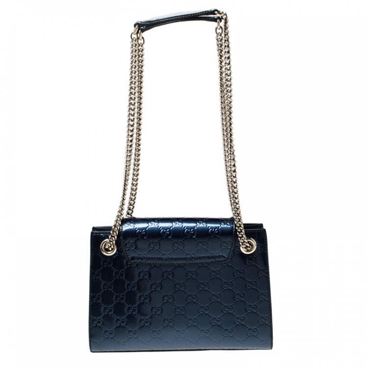 Pre Owned Gucci Blue Guccissima Patent Leather Small Emily Chain Shoulder Bag