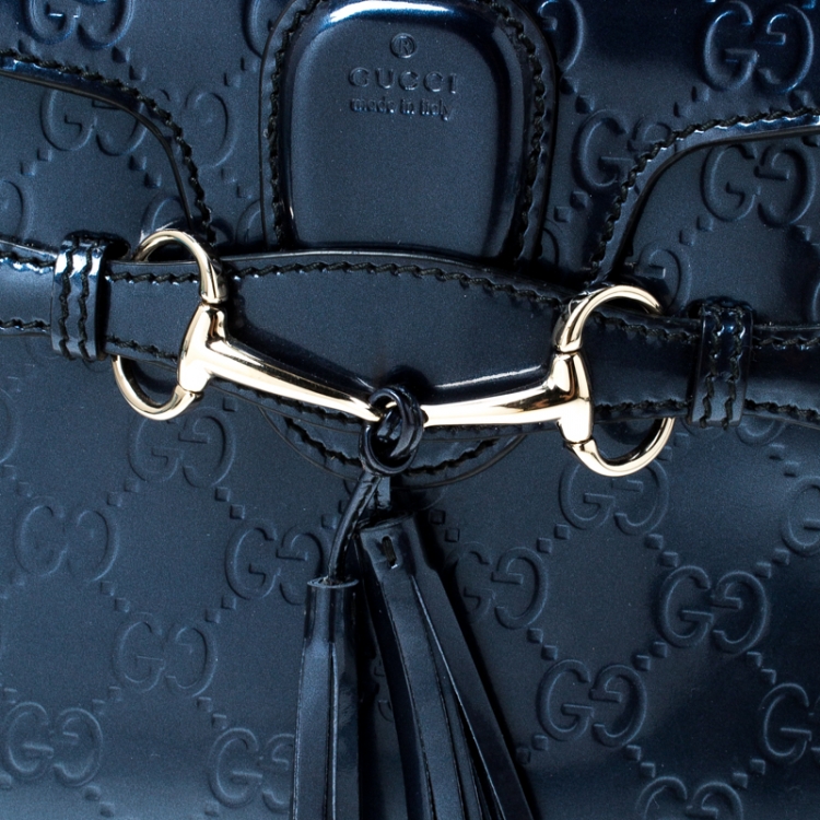 Pre Owned Gucci Blue Guccissima Patent Leather Small Emily Chain Shoulder Bag