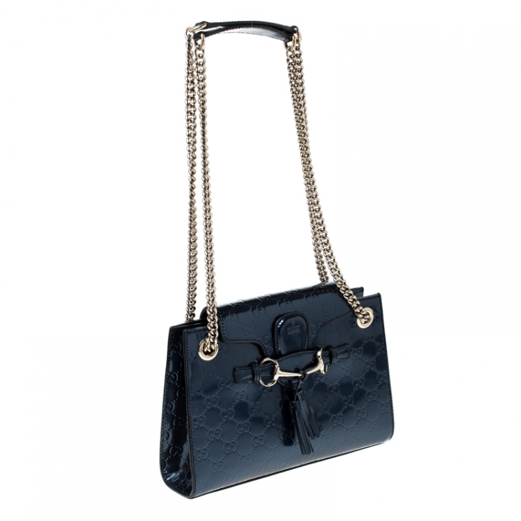 Pre Owned Gucci Blue Guccissima Patent Leather Small Emily Chain Shoulder Bag