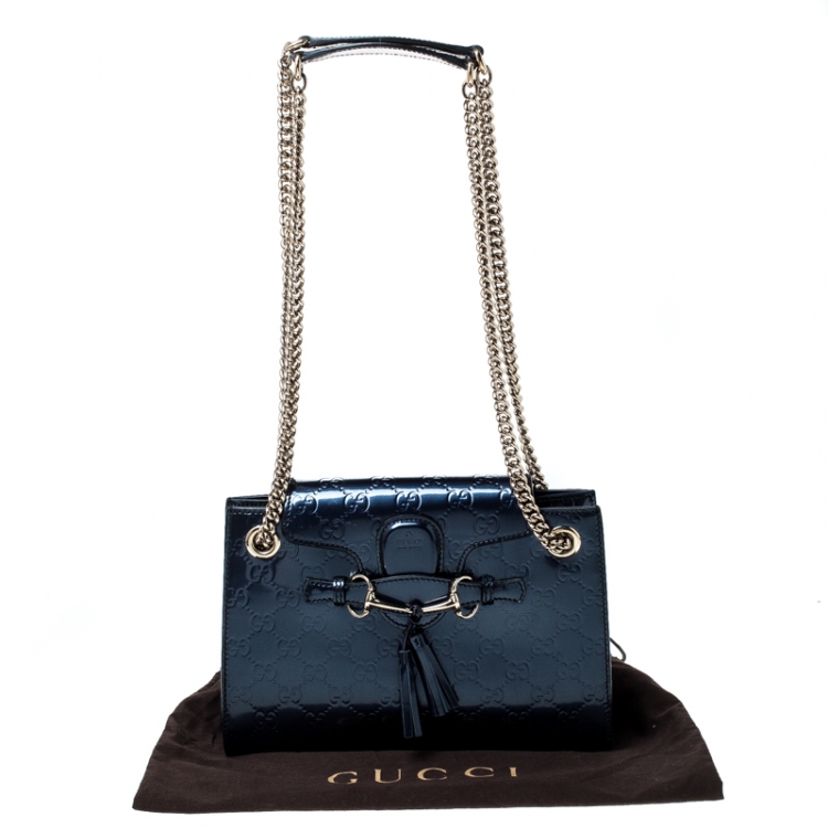 Pre Owned Gucci Blue Guccissima Patent Leather Small Emily Chain Shoulder Bag