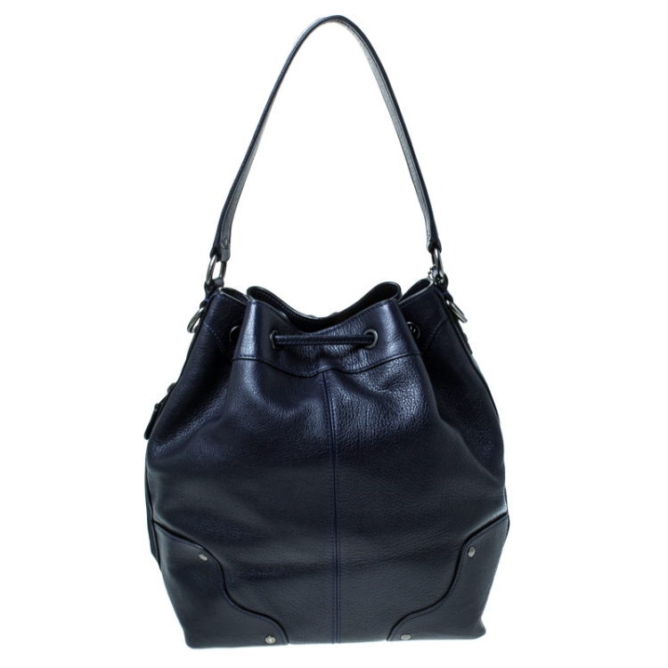 Pre Owned Coach Navy Blue Leather Drawstring Bucket Bag