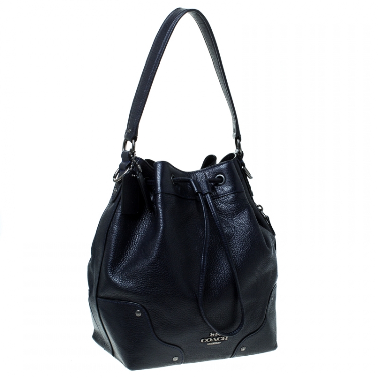 Pre Owned Coach Navy Blue Leather Drawstring Bucket Bag