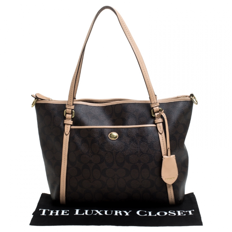 Pre Owned Coach Brown Coated Canvas and Leather Peyton Pocket Tote 