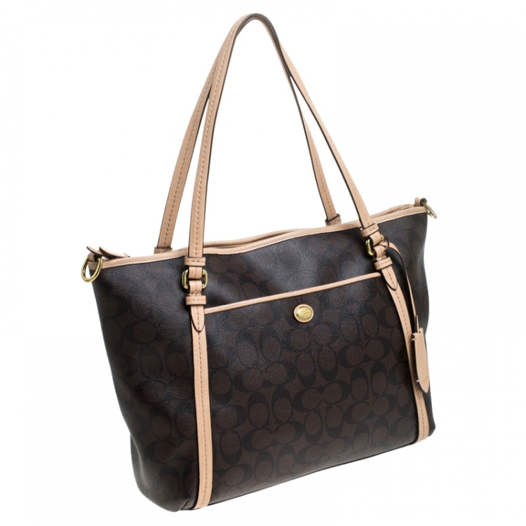 Pre Owned Coach Brown Coated Canvas and Leather Peyton Pocket Tote 