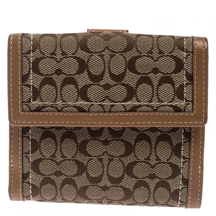 Pre Owned  Coach Beige/Tan Signature Canvas and Leather Compact Wallet