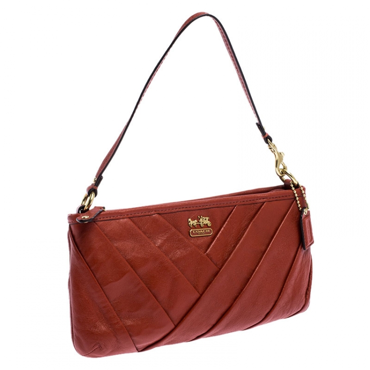Pre Owned Coach Dark Orange Pleated Leather Pochette