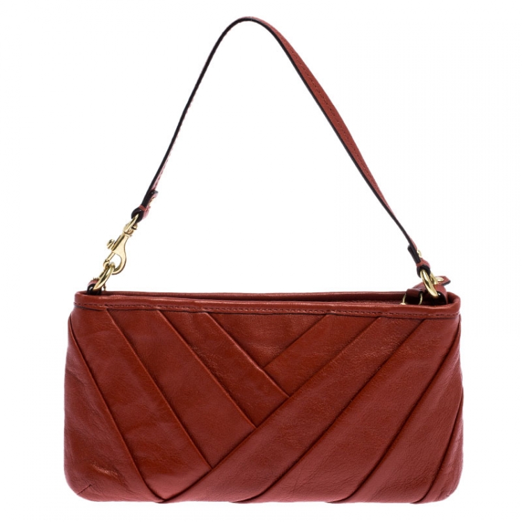 Pre Owned Coach Dark Orange Pleated Leather Pochette