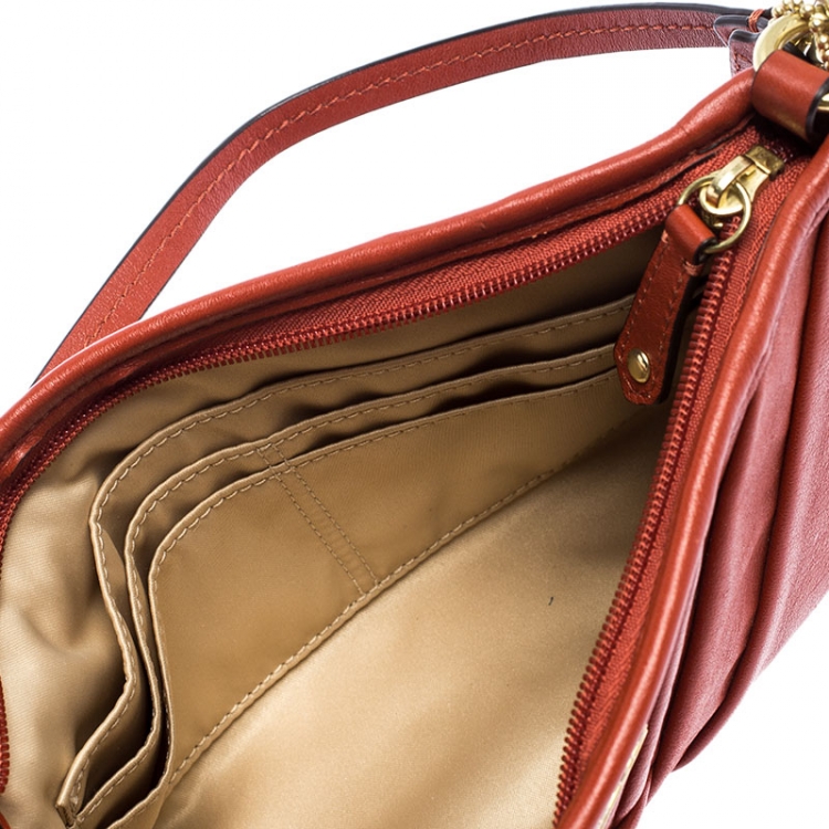 Pre Owned Coach Dark Orange Pleated Leather Pochette