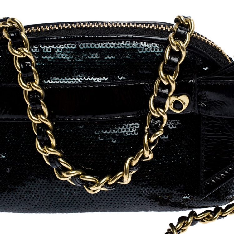 Pre Owned Coach Black Sequins and Patent Leather Mini Poppy Chain Shoulder Bag