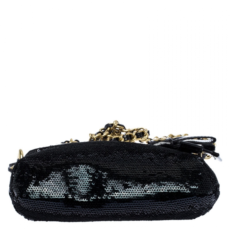 Pre Owned Coach Black Sequins and Patent Leather Mini Poppy Chain Shoulder Bag