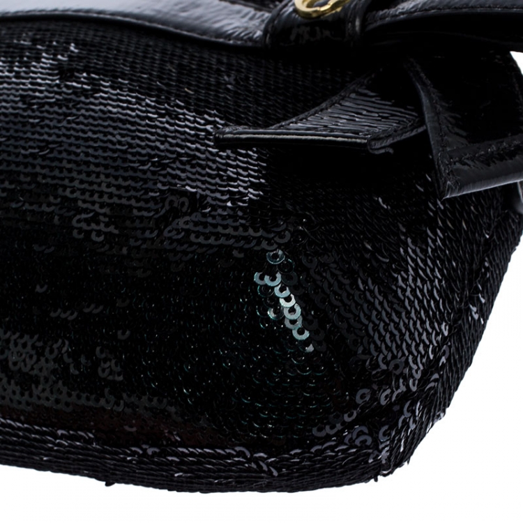 Pre Owned Coach Black Sequins and Patent Leather Mini Poppy Chain Shoulder Bag