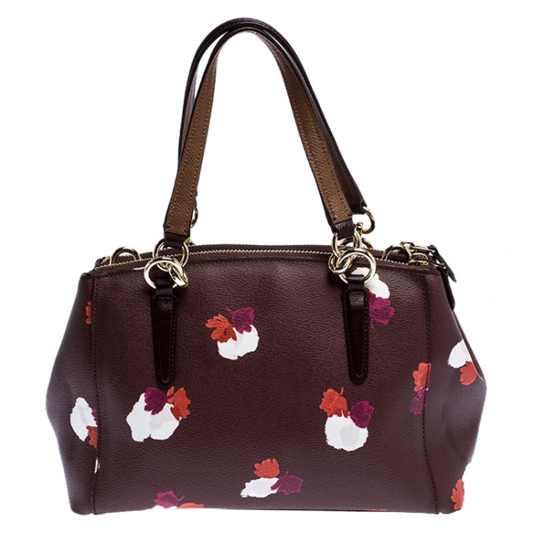 Pre Owned Coach Burgundy Flower Print Coated Canvas Mini Christie Carryall Satchel