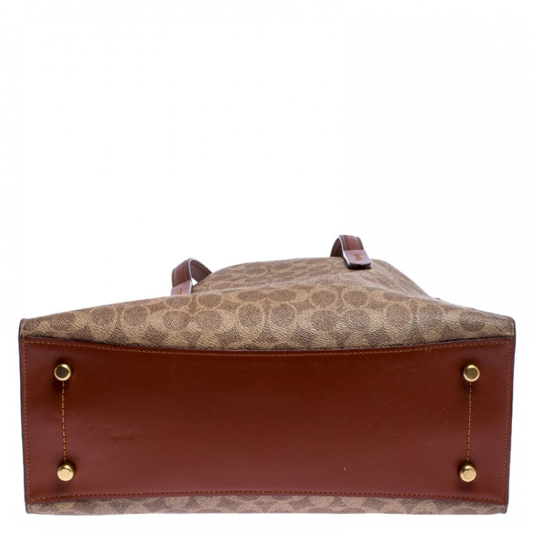 Pre Owned Coach Beige/Brown Coated Canvas and Leather Tote
