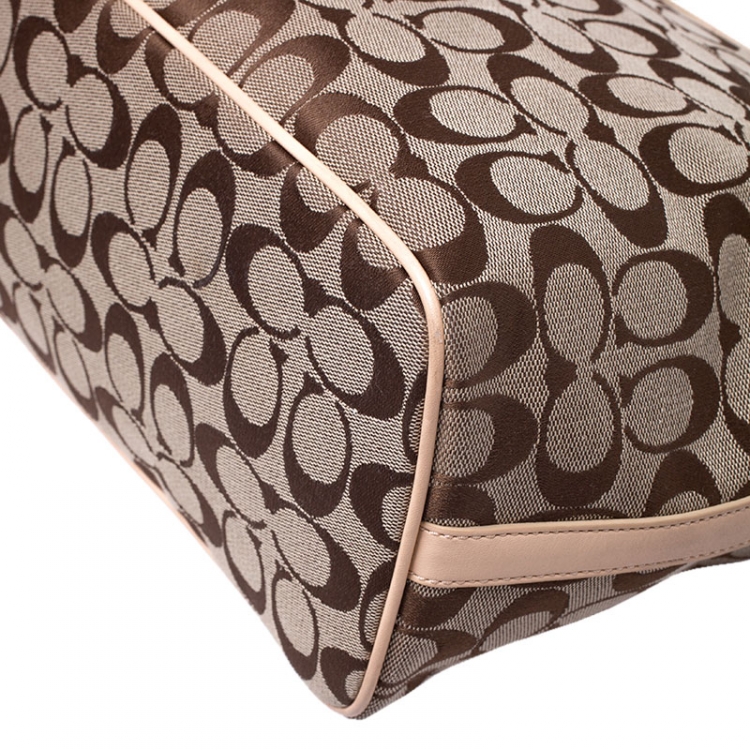 Pre Owned Coach Beige/Brown Signature Canvas and Leather Shopper Tote