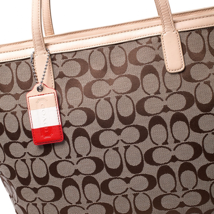 Pre Owned Coach Beige/Brown Signature Canvas and Leather Shopper Tote