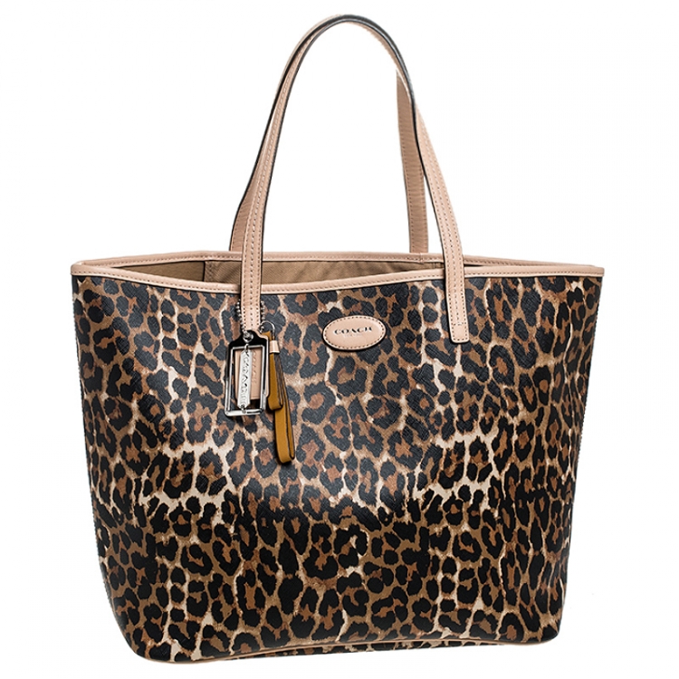 Pre Owned Coach Brown Leopard Print Coated Canvas City Zip Tote