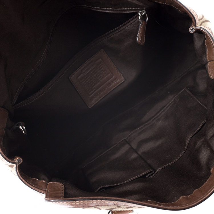 Pre Owned Coach Brown Signature Canvas And Leather Double Buckle Shoulder Bag