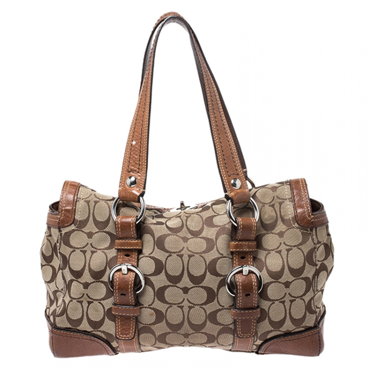 Pre Owned Coach Brown Signature Canvas And Leather Double Buckle Shoulder Bag